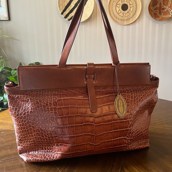 Elie Tahari Designer Tote Bag Chic Brown Crocodile Print with Brass Hardware - Picture 1 of 16